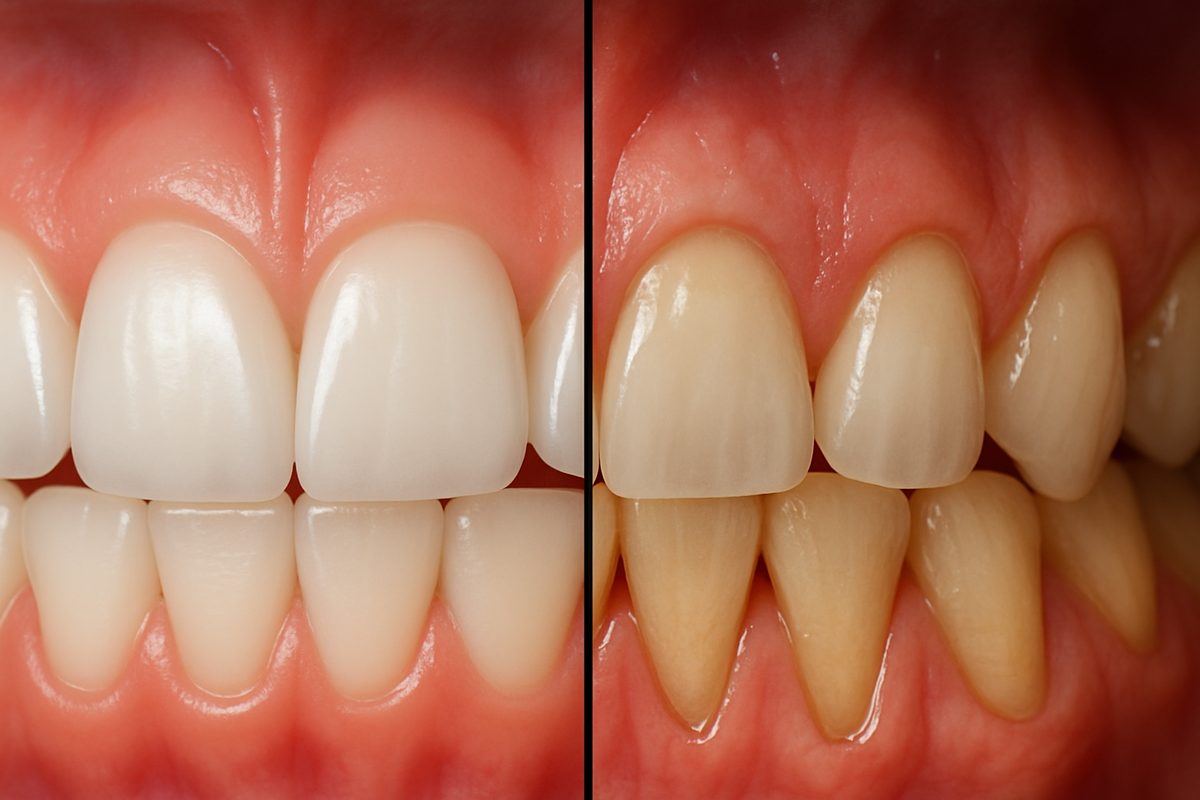 Close up of gums that are red and inflamed. The mouth is open, and a dental mirror is reflecting the infected gums. No text on image.