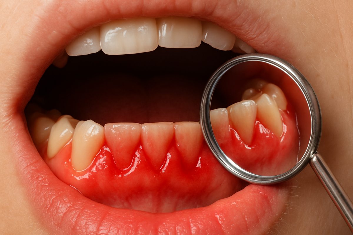 Close up of gums that are red and inflamed. The mouth is open, and a dental mirror is reflecting the infected gums. No text on image.
